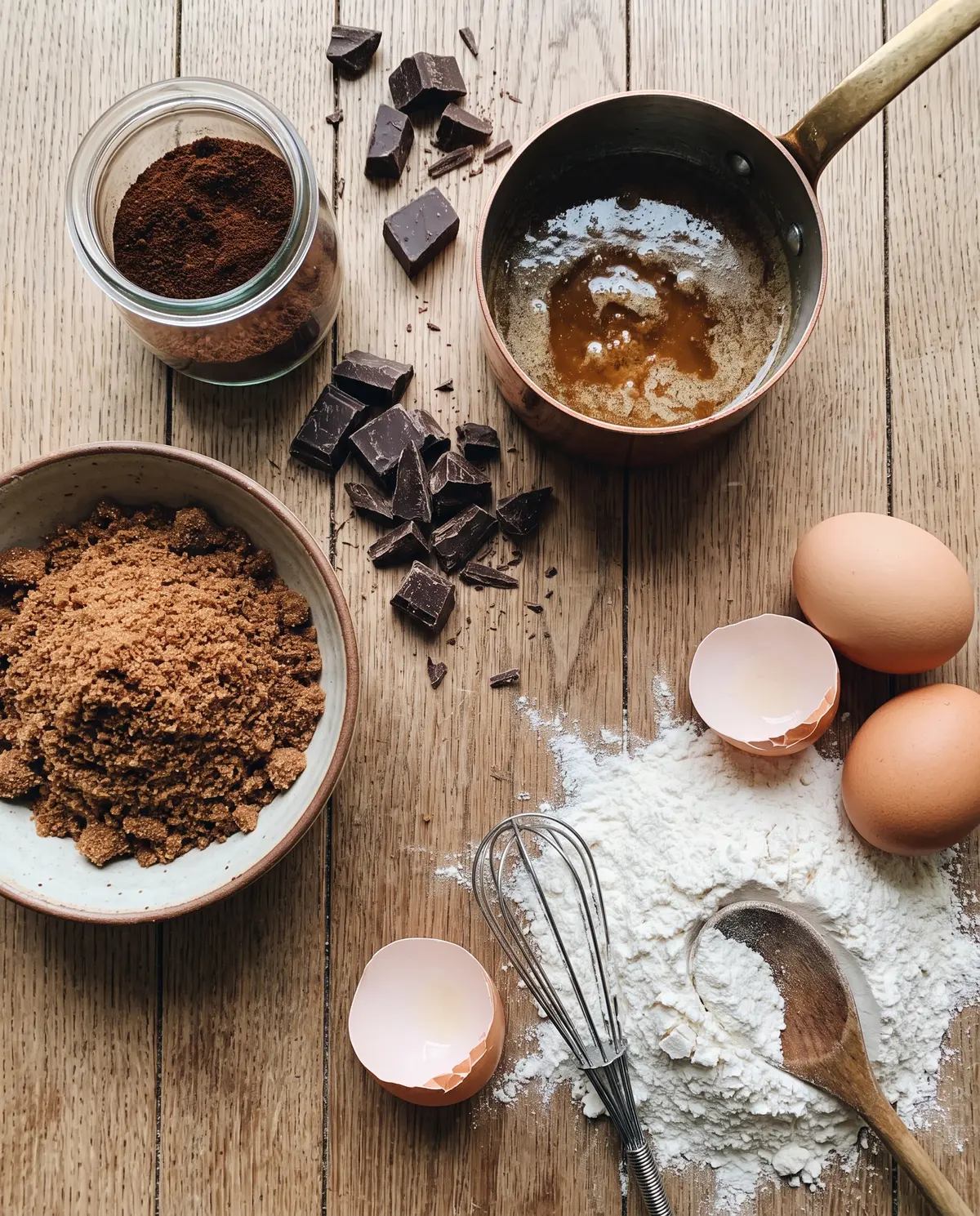 Top-down flat-lay of espresso cookie ingredients on warm wood surface