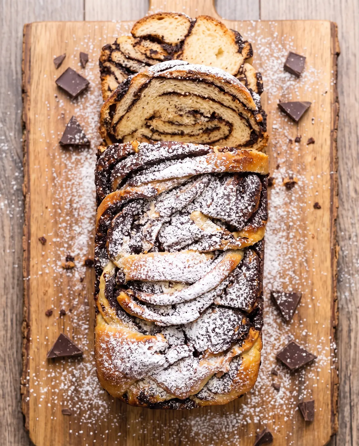 Chocolate babka loaf overhead view