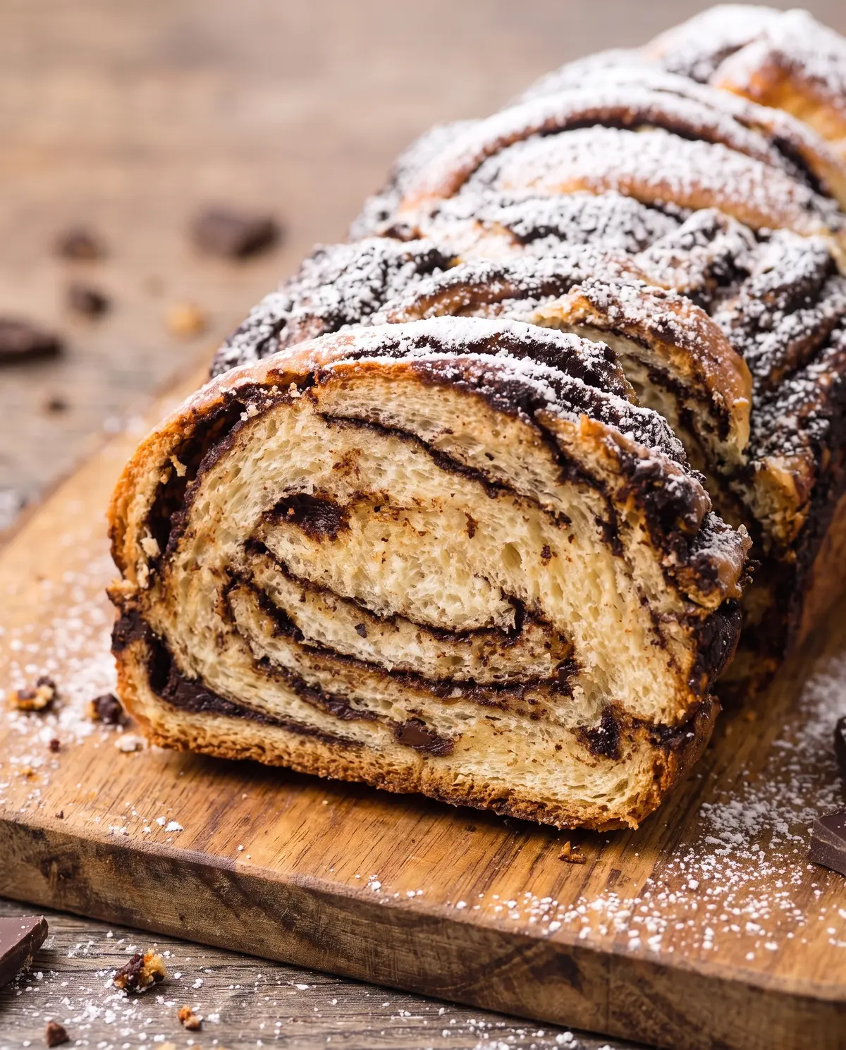 Chocolate babka sliced showing swirl pattern