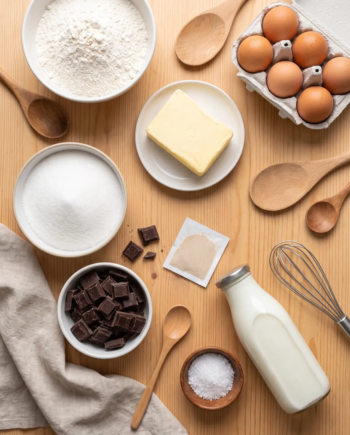 Chocolate babka ingredients on wood surface