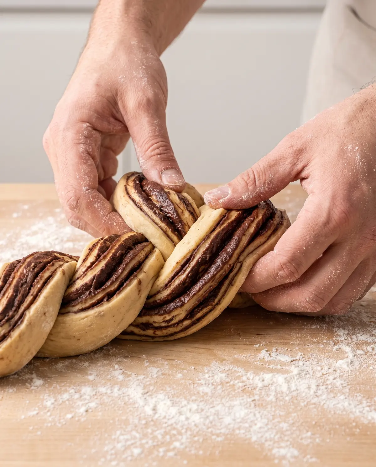 Hands twisting chocolate babka dough together