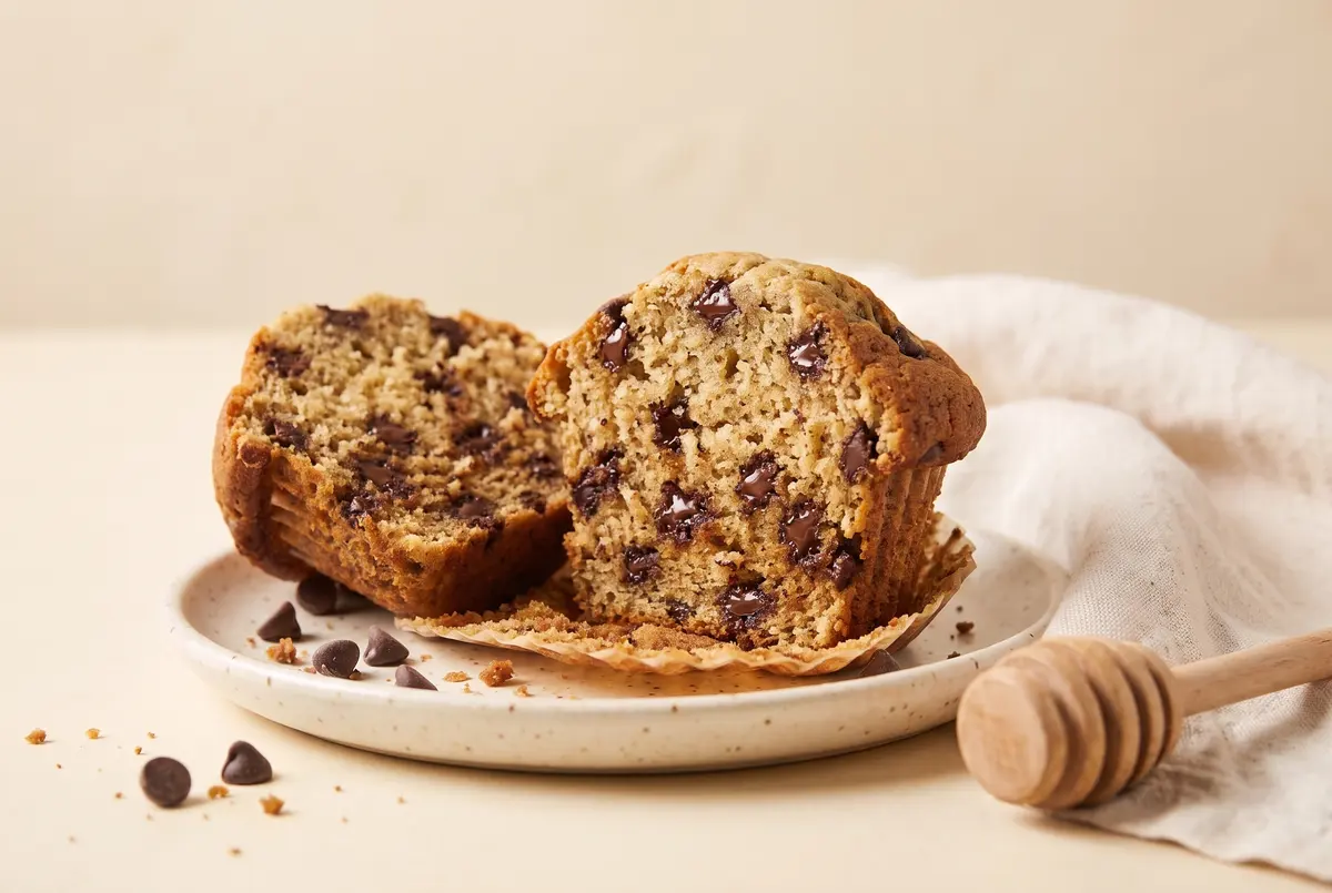 Split chocolate chip banana muffin on a small plate with a honey dipper