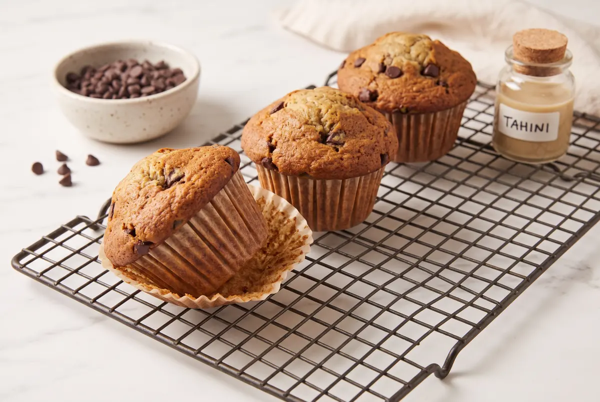 Three chocolate chip banana tahini muffins on a wire cooling rack