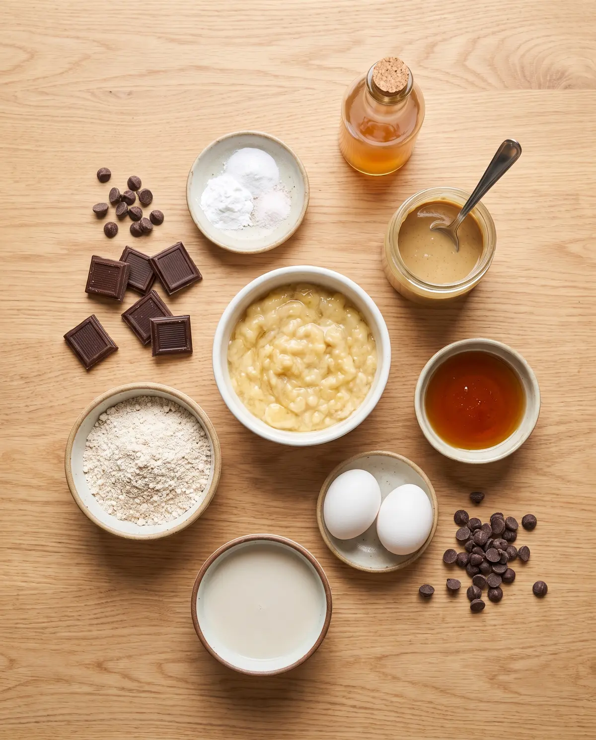 Flat-lay of muffin ingredients on a wooden table: bananas, tahini, oat flour, chocolate chips