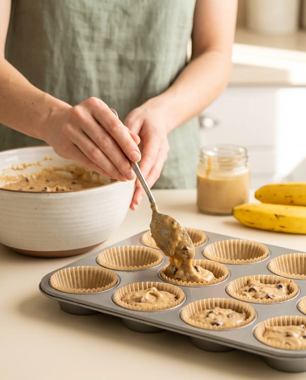 Hands spooning chocolate chip muffin batter into a muffin tin