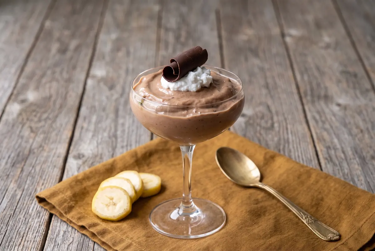 Chocolate banana nice cream in a coupe glass with coconut cream and chocolate curl