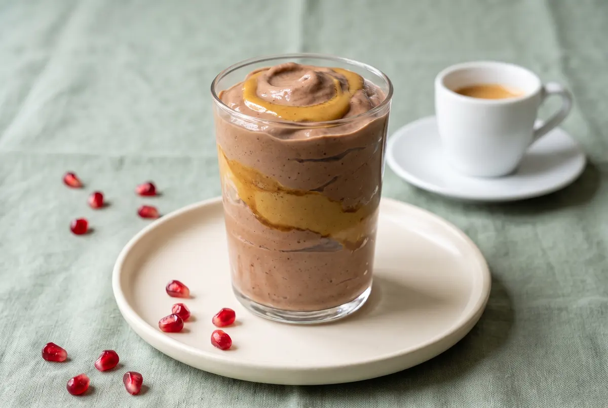 Side view of chocolate banana nice cream with tahini swirl on cream plate
