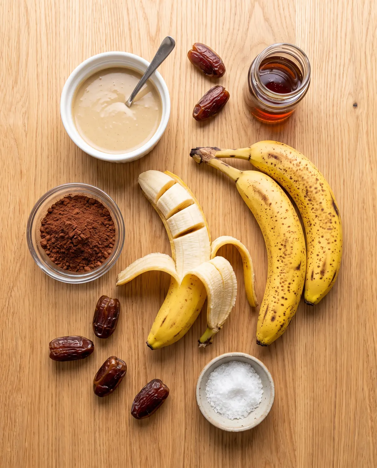 Flat-lay of ingredients for chocolate banana tahini nice cream on a wood table