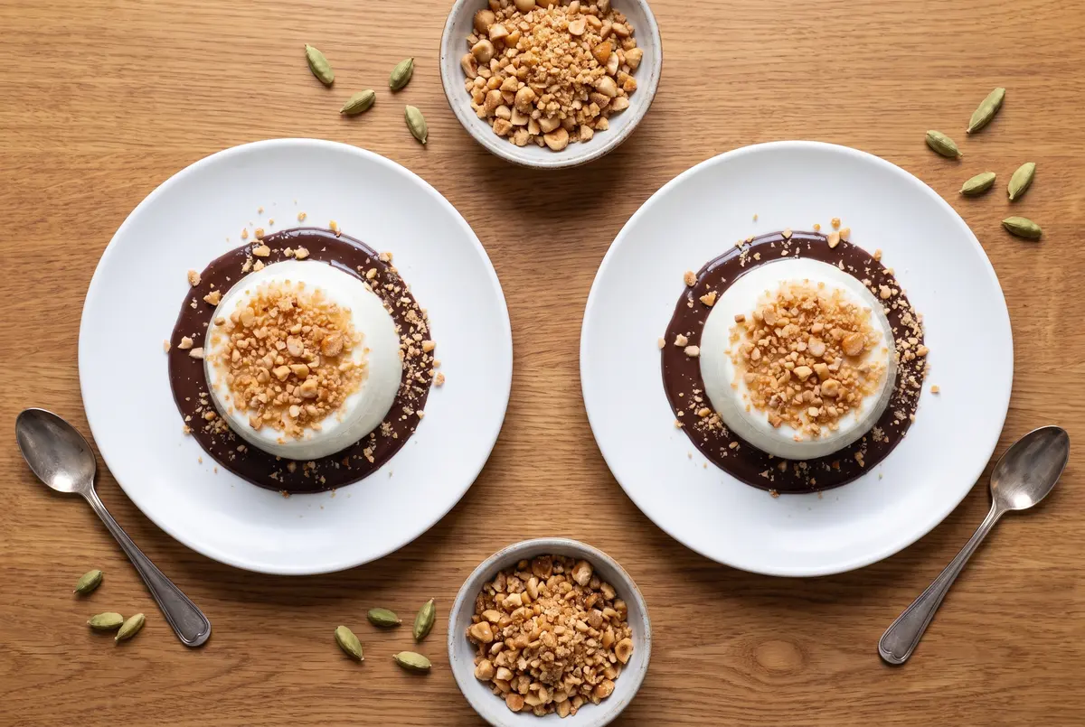 Chocolate cardamom panna cottas with hazelnut crumble