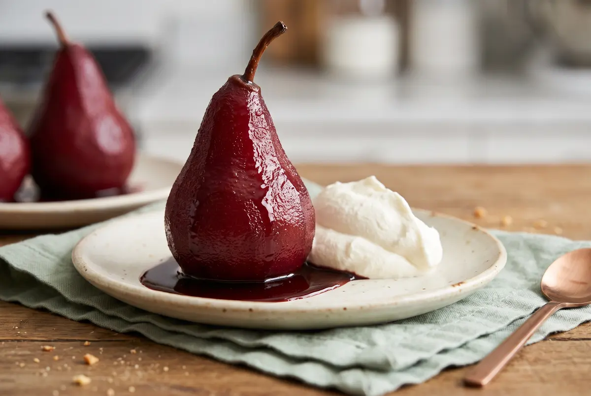 Easy Red Wine Poached Pears with Chocolate & Cardamom