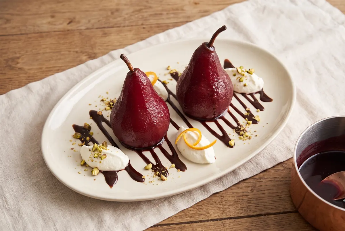 Two poached pears on a cream platter with chocolate sauce and whipped cream