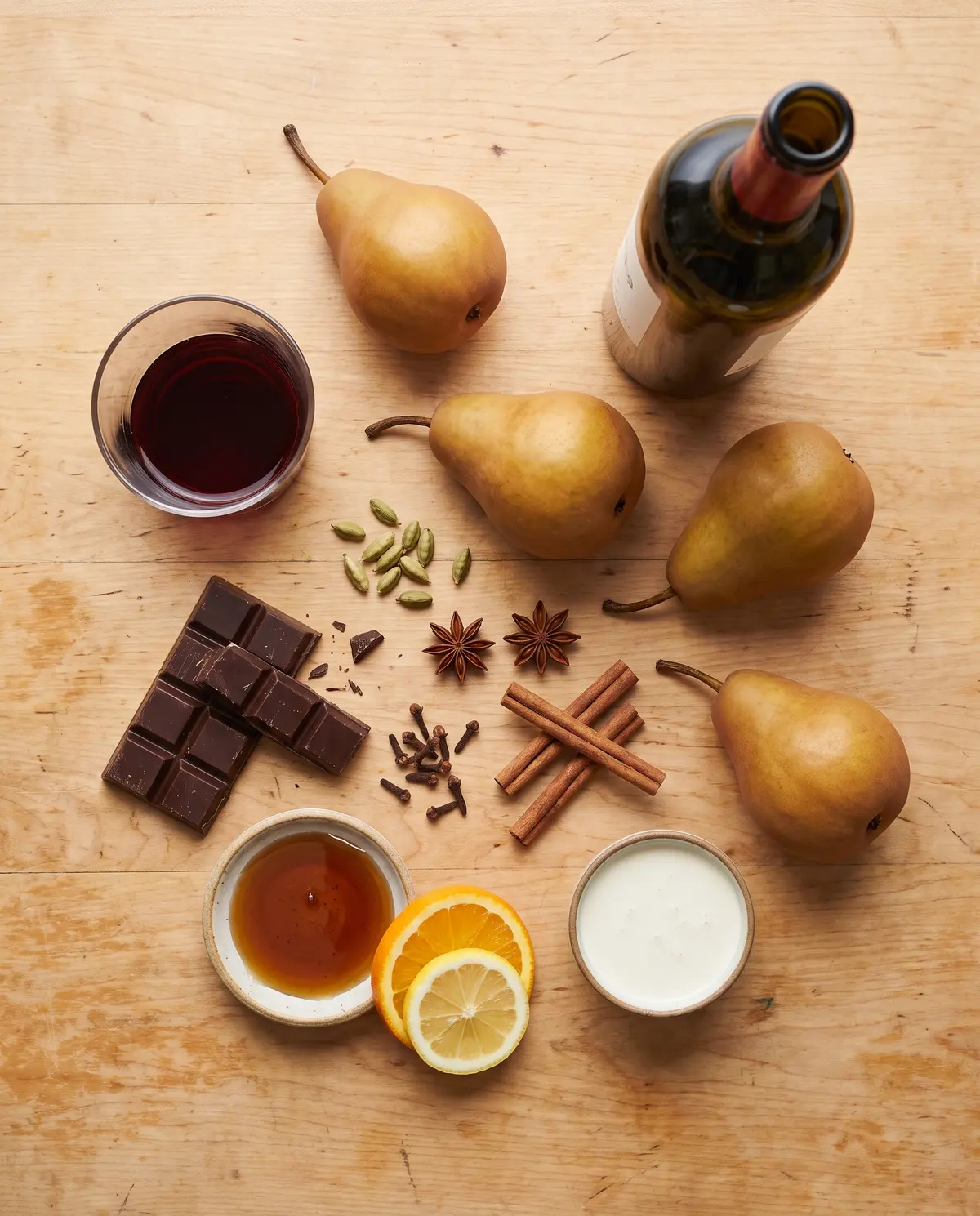Easy Red Wine Poached Pears with Chocolate & Cardamom
