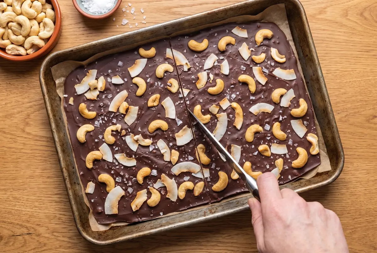 Dark chocolate cashew coconut bark being scored in a baking tin