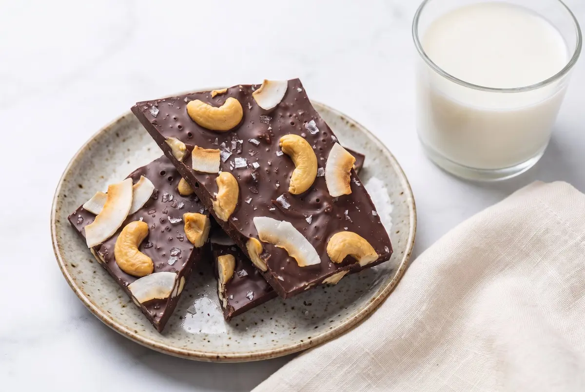 A stack of three dark chocolate cashew coconut bark shards on a plate