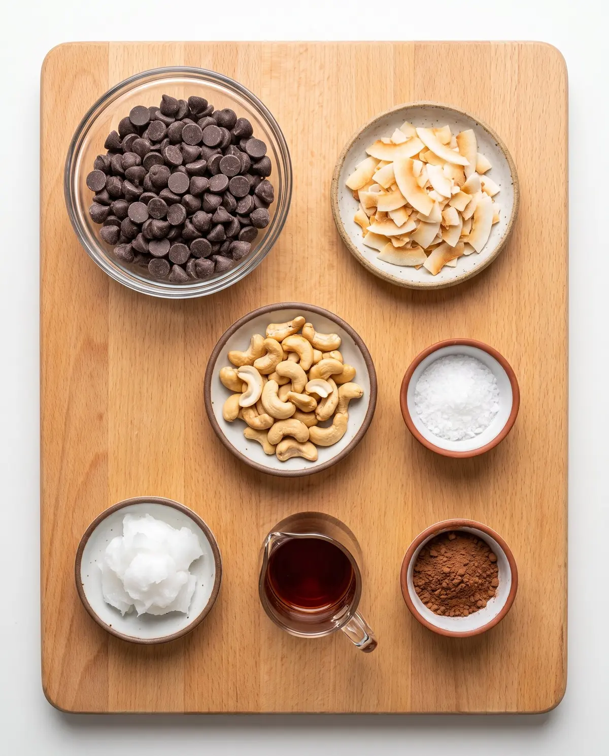 Ingredients for chocolate cashew coconut bark laid out on a wooden surface