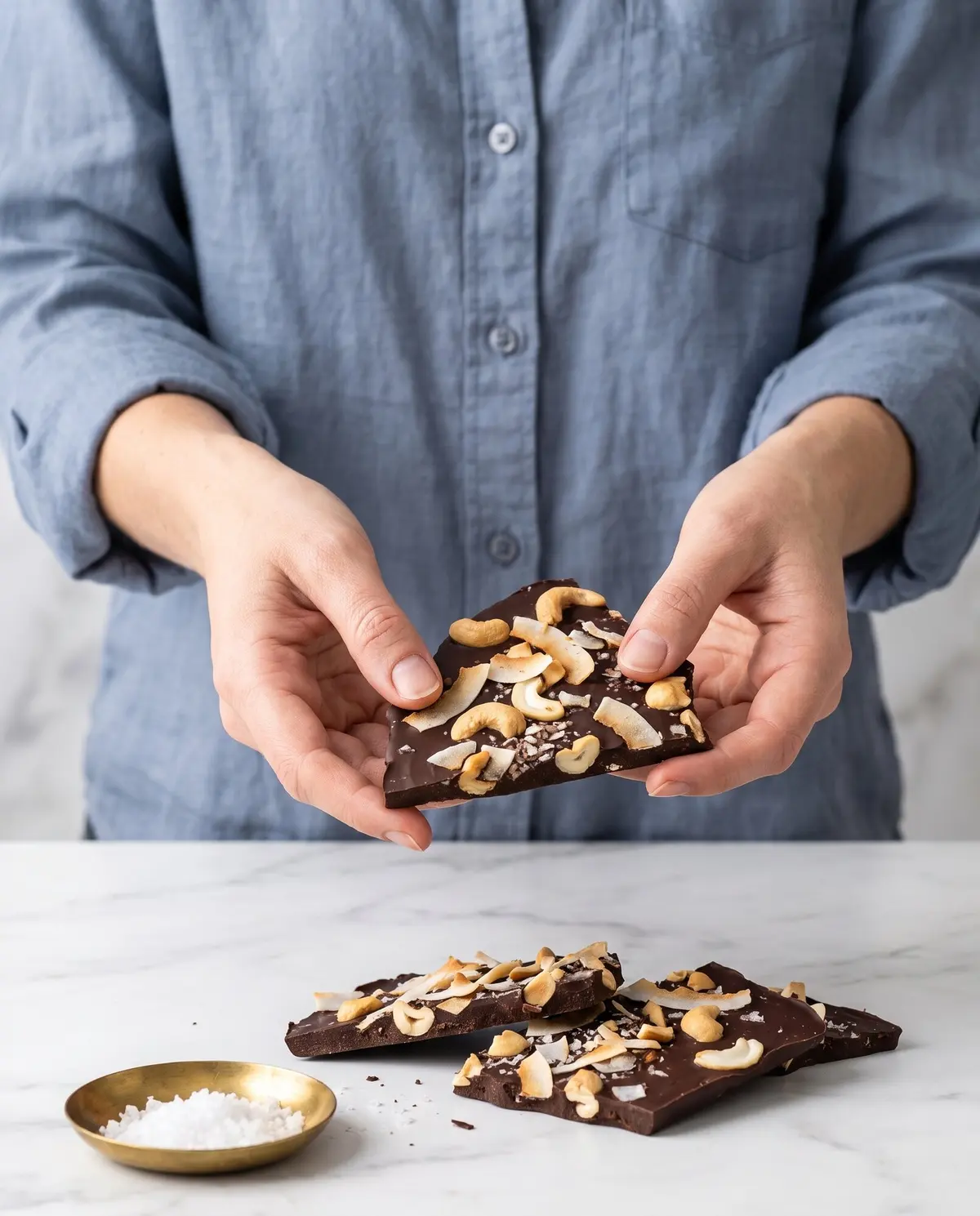 Woman's hand holding a large chocolate cashew coconut bark shard