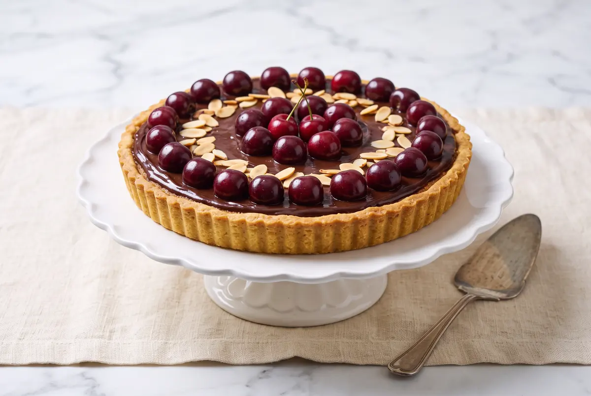 Whole chocolate cherry almond tart on a white ceramic cake stand