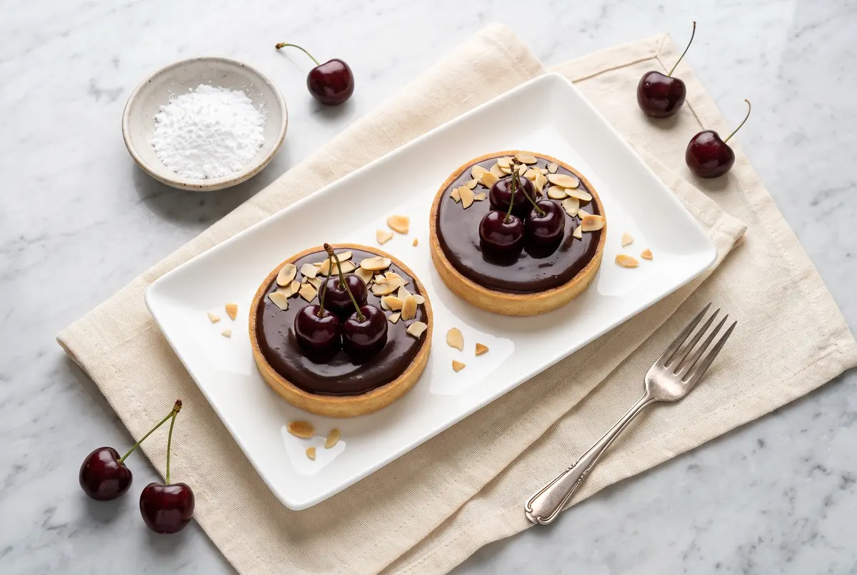 Two small individual chocolate cherry almond tarts on a porcelain platter