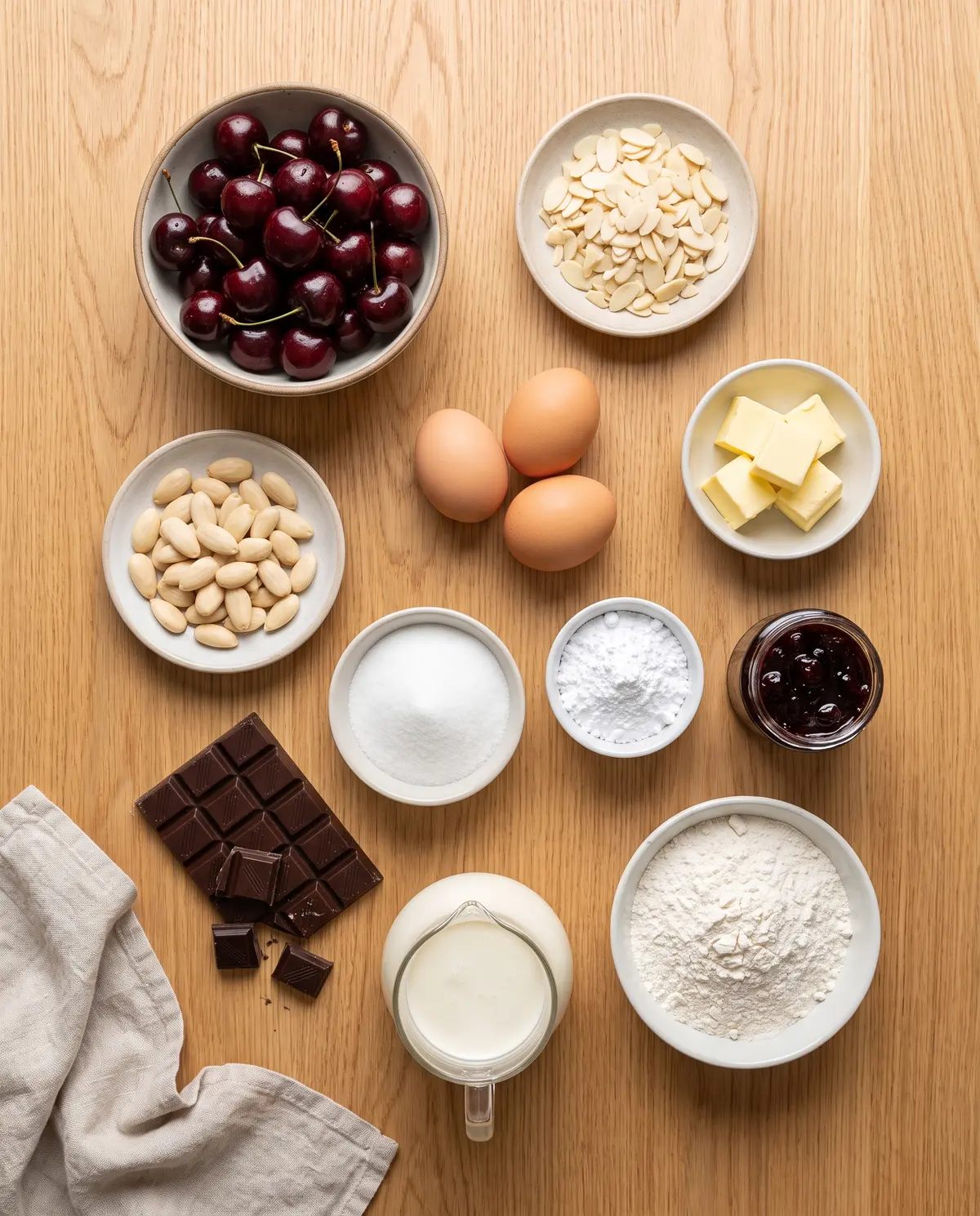 Top-down flat-lay of chocolate cherry almond tart ingredients on a warm wood surface