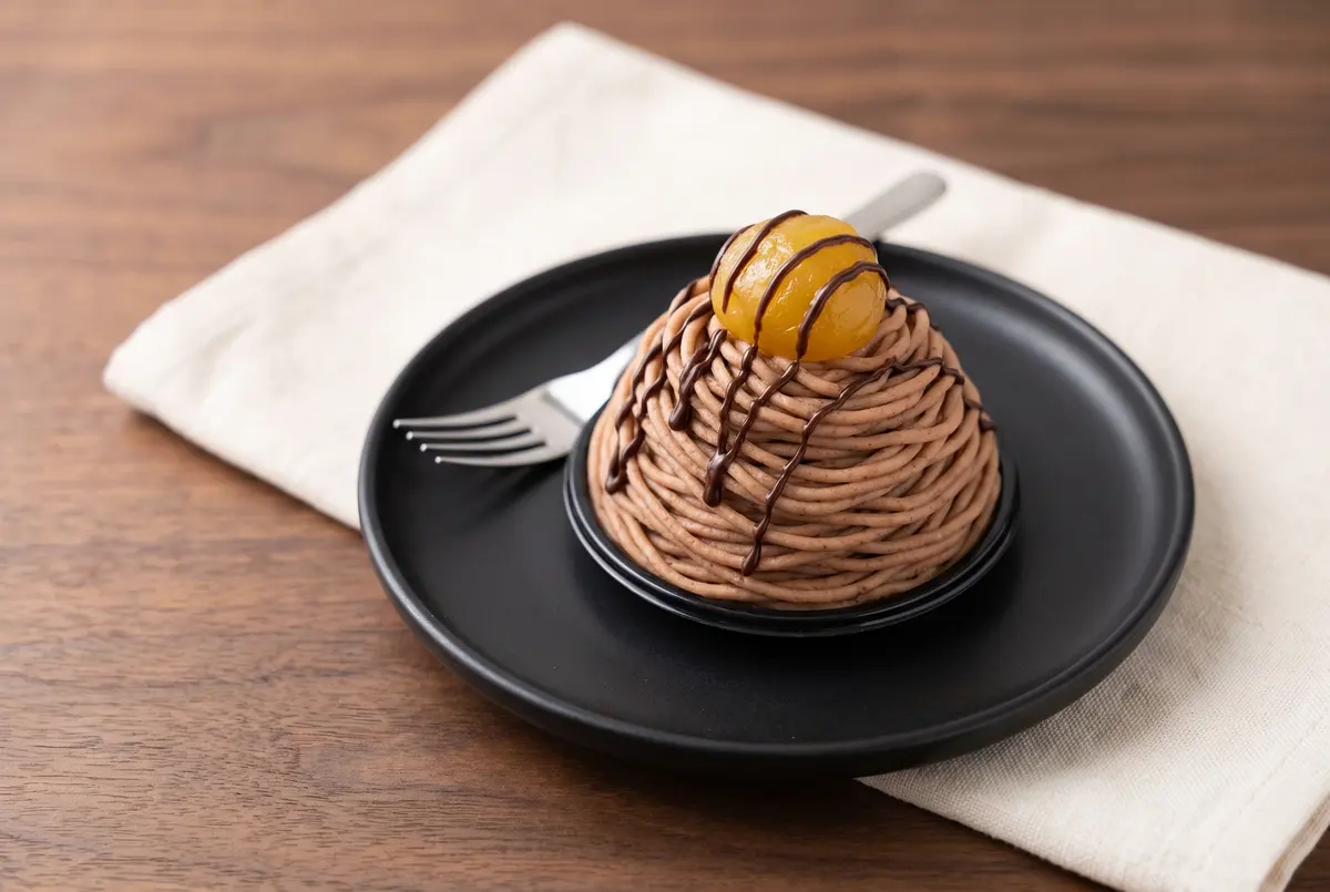 Finished chocolate chestnut Mont Blanc on a black plate with chocolate drizzle