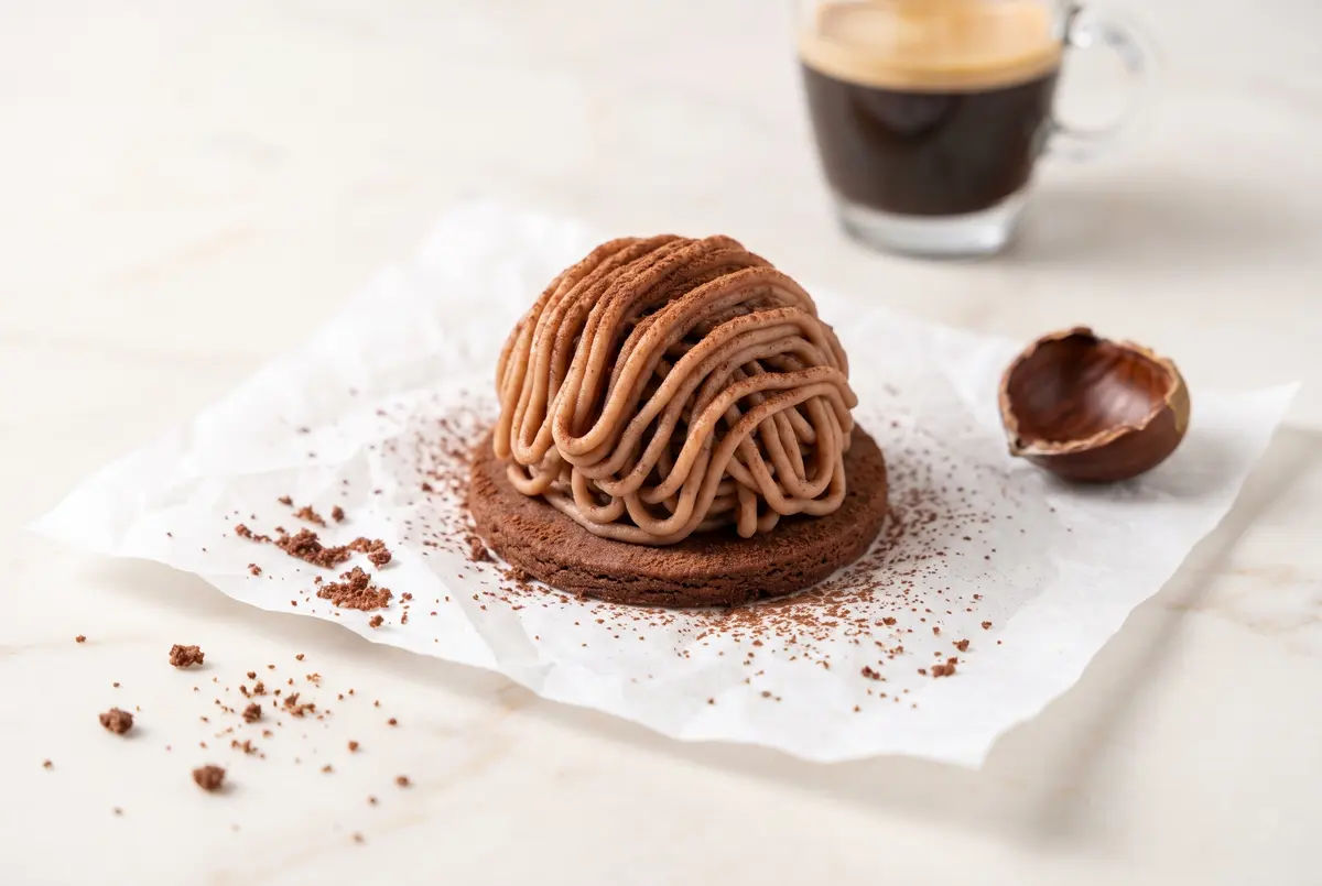 A single small Mont Blanc portion on parchment next to an espresso