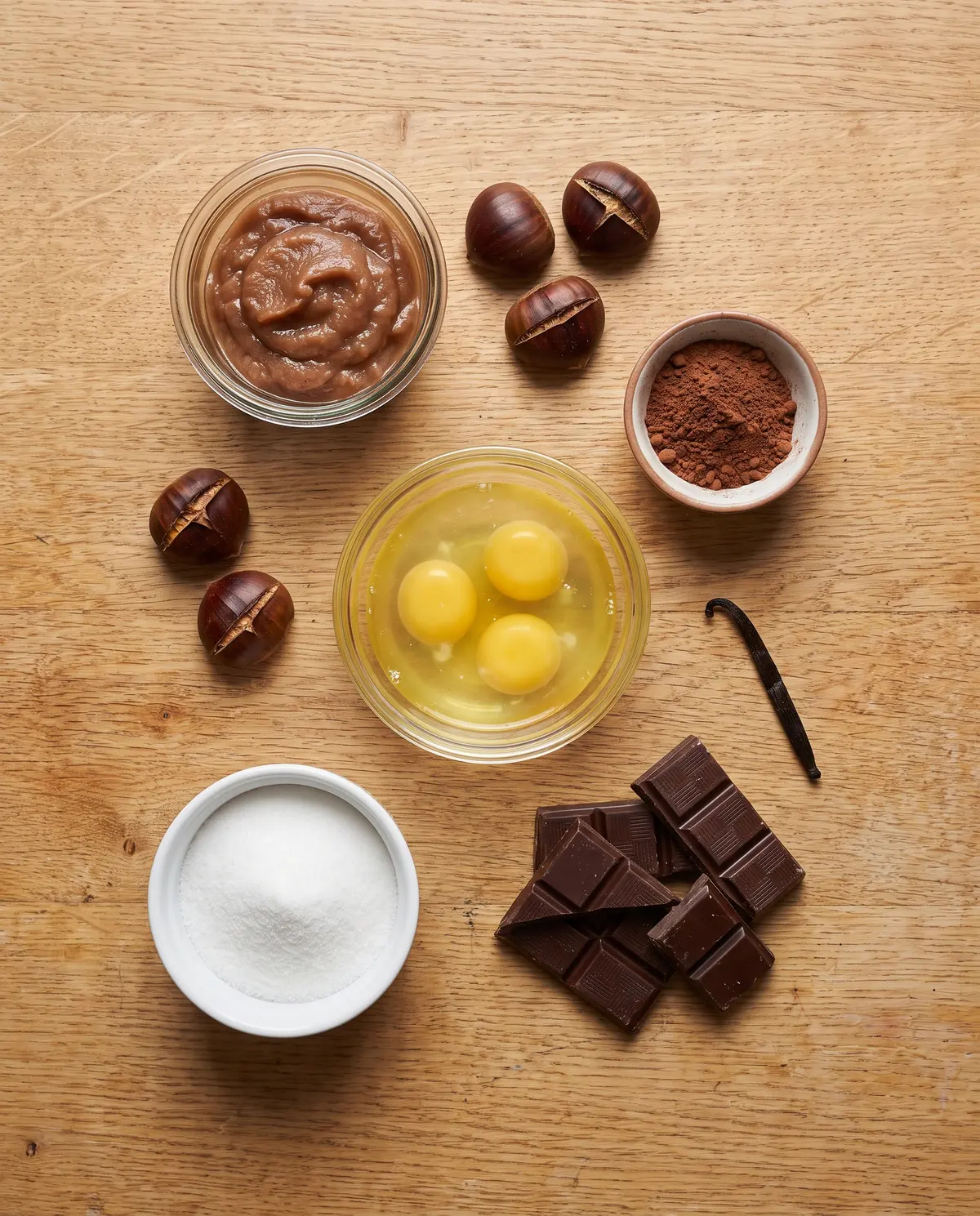 Ingredients for chocolate chestnut Mont Blanc flat-lay: chestnut puree, eggs, sugar, dark chocolate, cocoa powder, vanilla pod