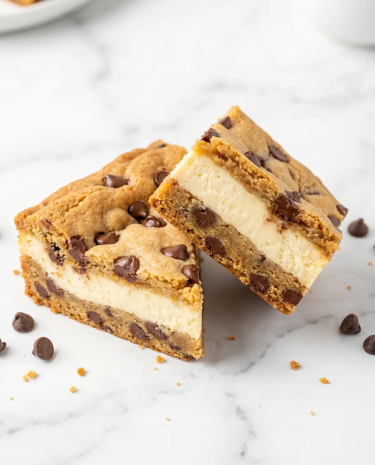 3/4 angle view of cheesecake bars from a different perspective showing the full layer depth on white marble