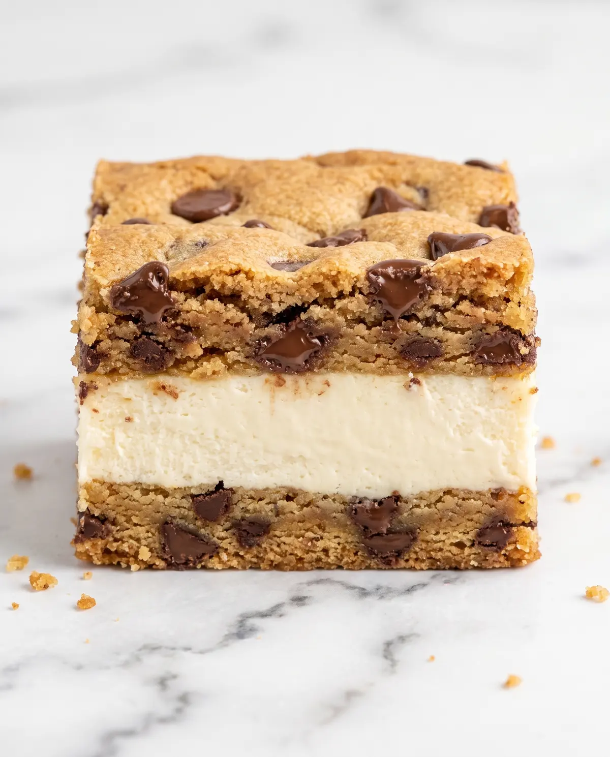 Close-up of a single cheesecake bar with clean knife cut showing the layered interior structure