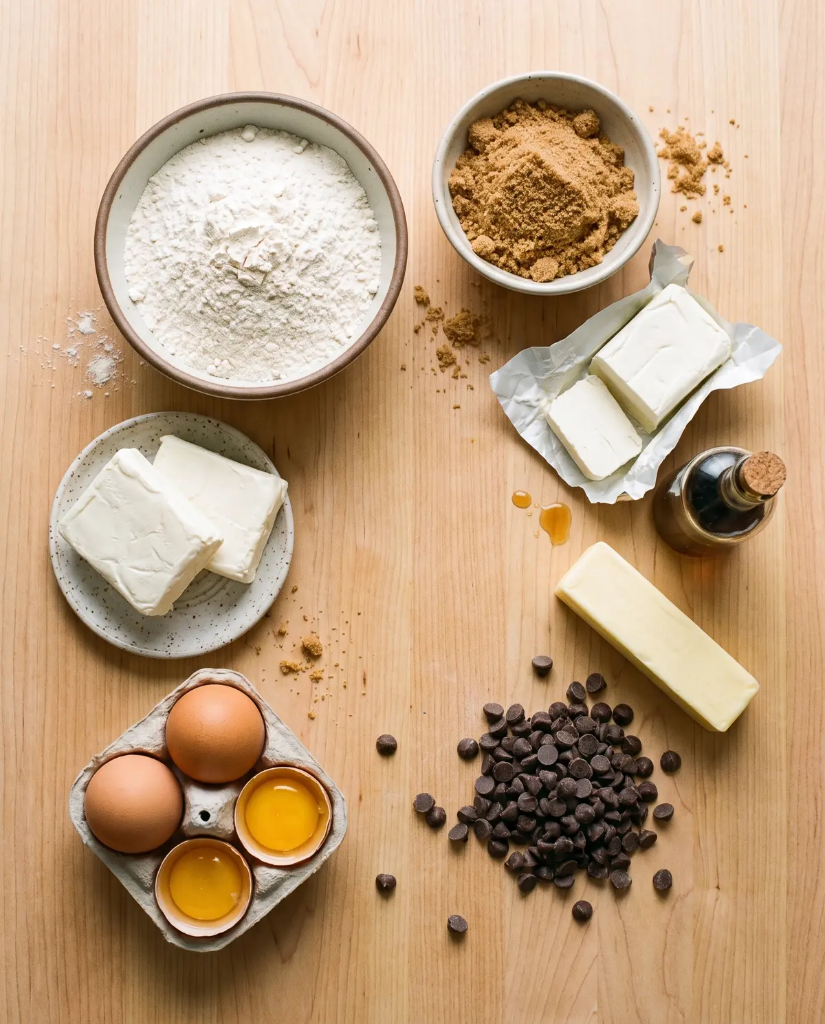Top-down flat-lay of cheesecake bar ingredients on warm wood surface