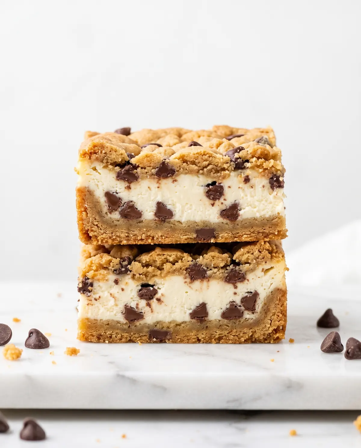 Front straight-on view of layered chocolate chip cheesecake bars showing all three distinct layers