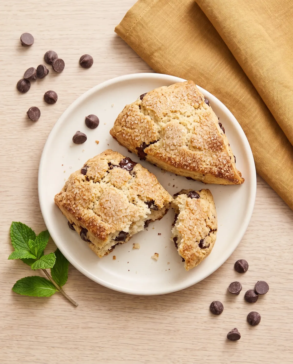 Overhead view of a chocolate chip scone on a small plate