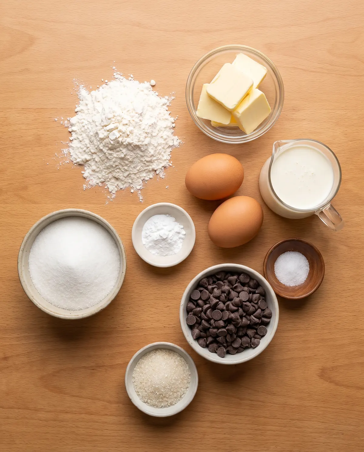 Ingredients for chocolate chip scones arranged on a wooden table