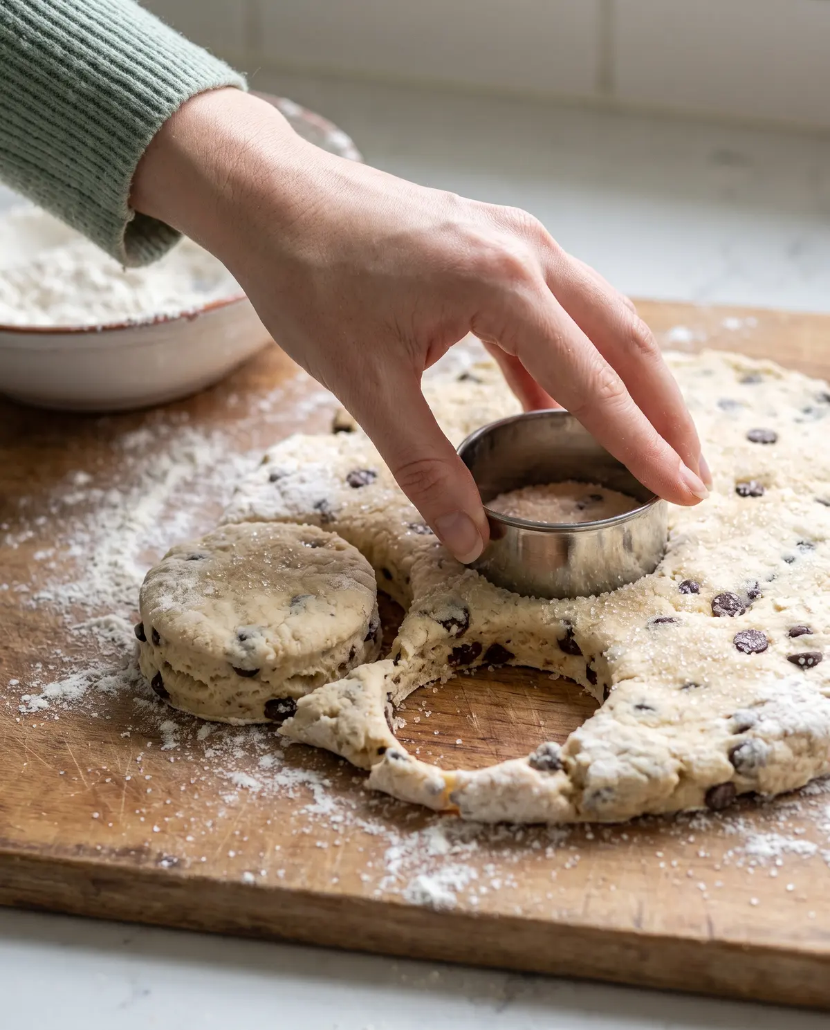 Hand pressing a cutter into scone dough on a floured wooden surface