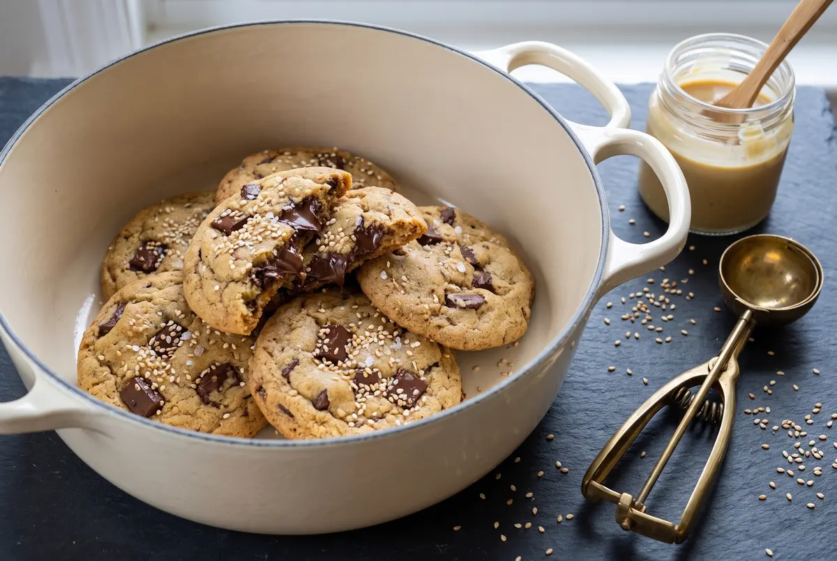 Chewy Chocolate Chunk Tahini Cookies (with Flaky Salt)