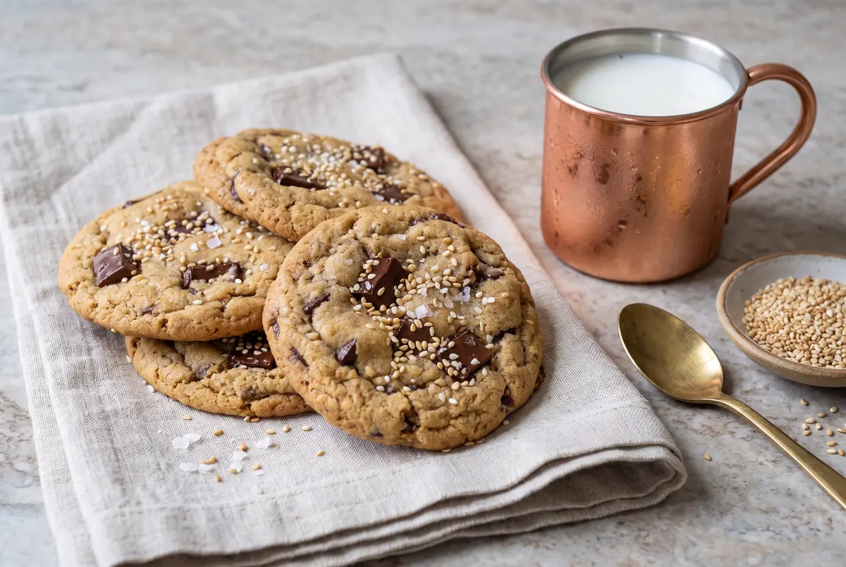 Stack of golden chocolate chunk tahini cookies on a linen napkin beside a copper mug of milk