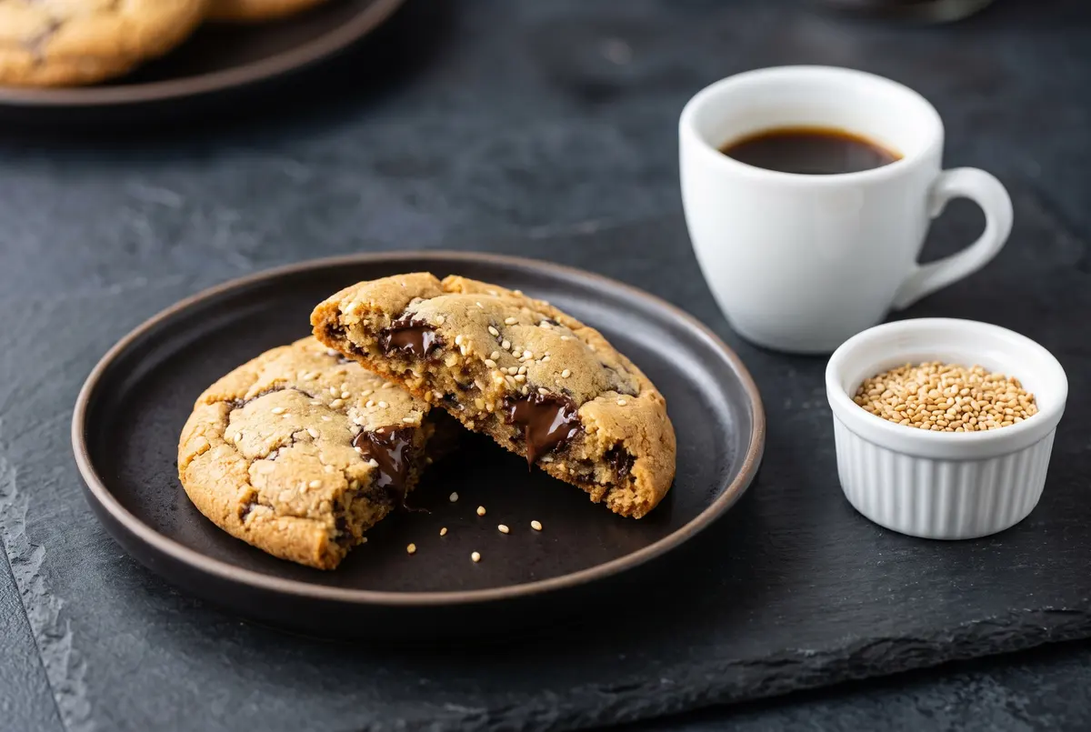 Single broken tahini chocolate cookie on a dark plate with espresso and sesame seeds