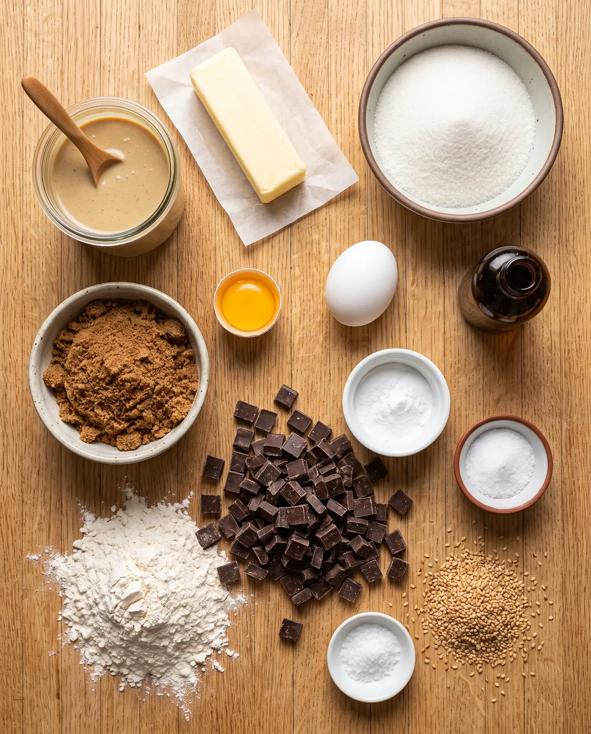 Top-down flat-lay of all ingredients for chocolate chunk tahini cookies on wood