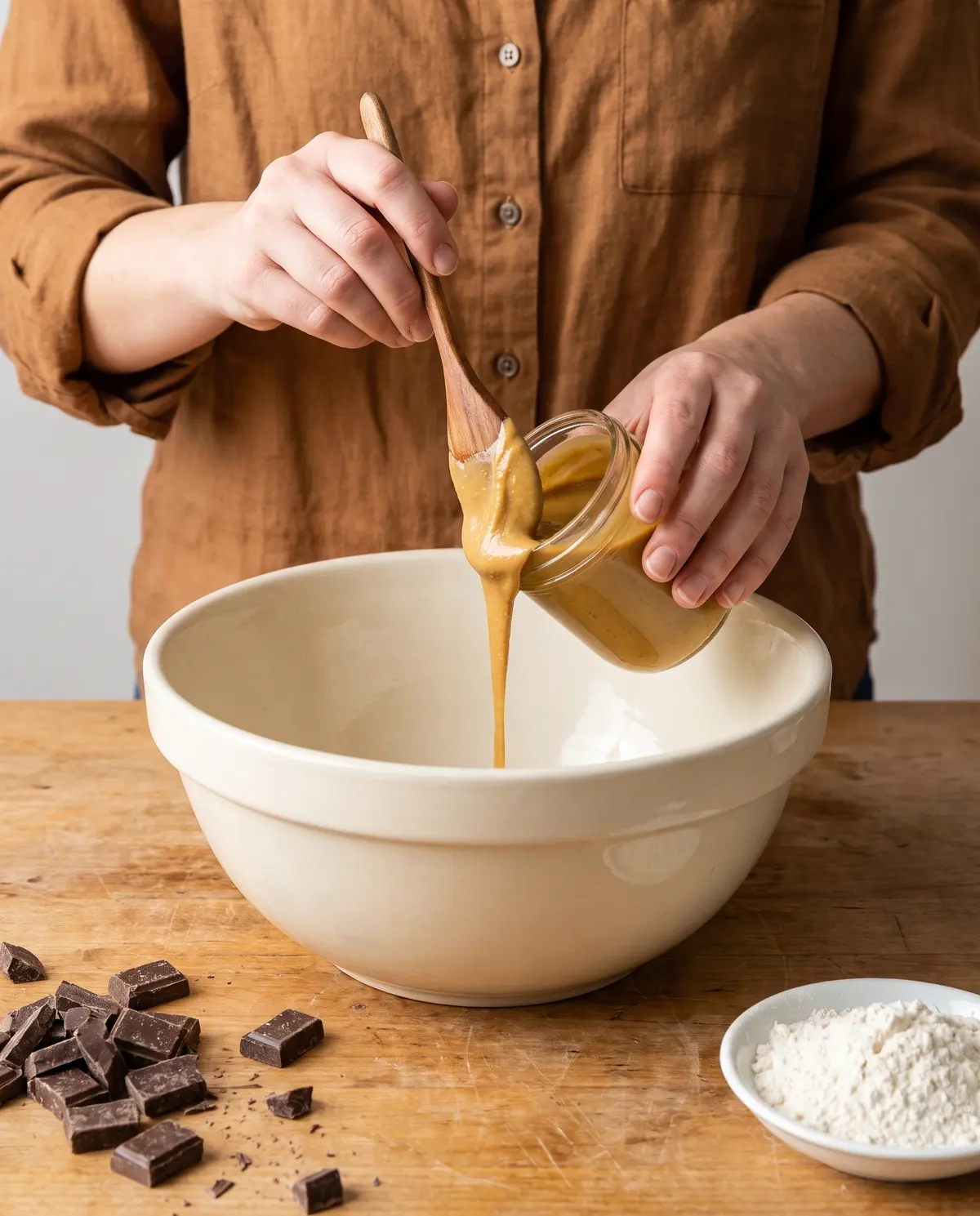 Process shot of hands portioning tahini into a mixing bowl