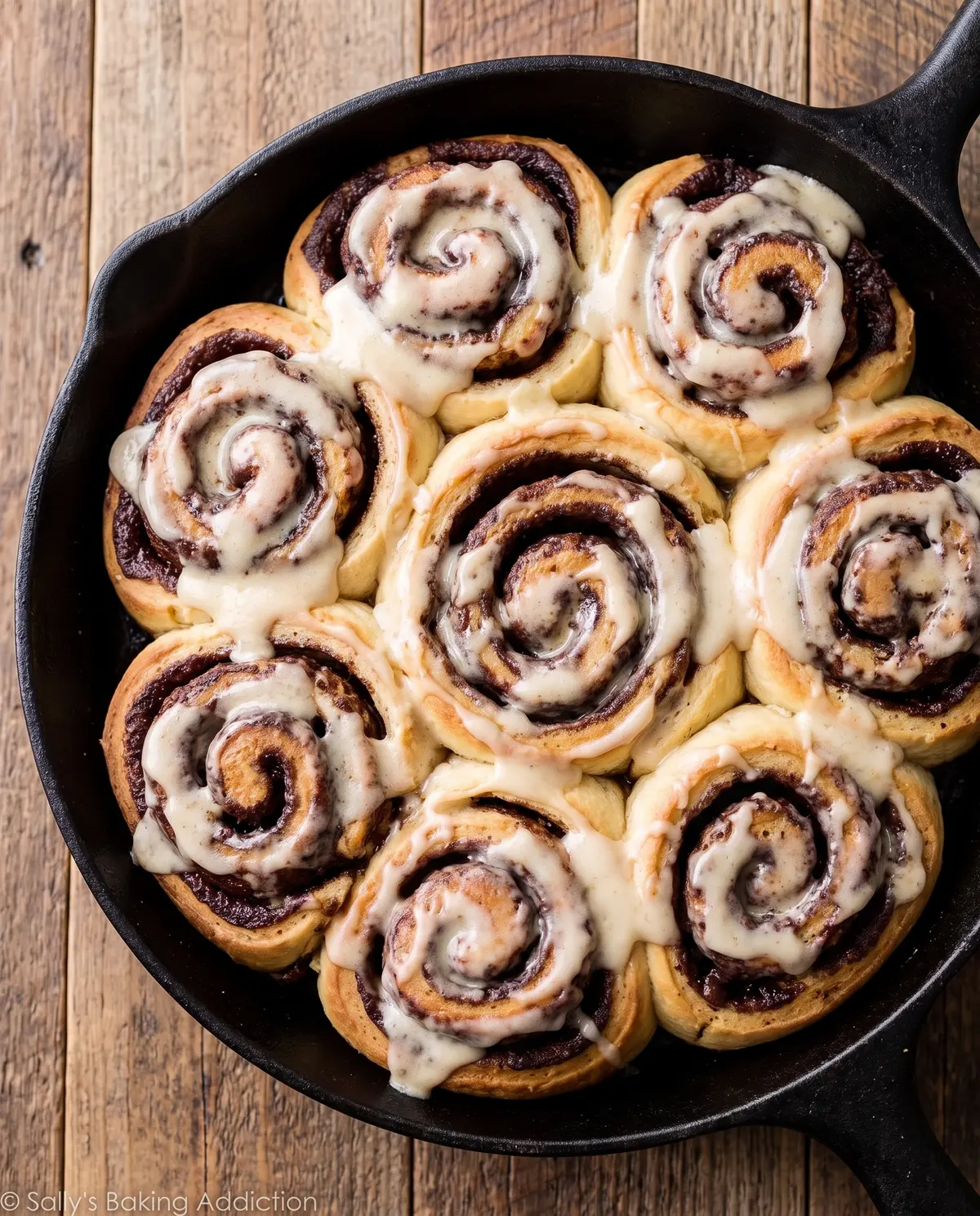 Chocolate cinnamon rolls overhead view in pan