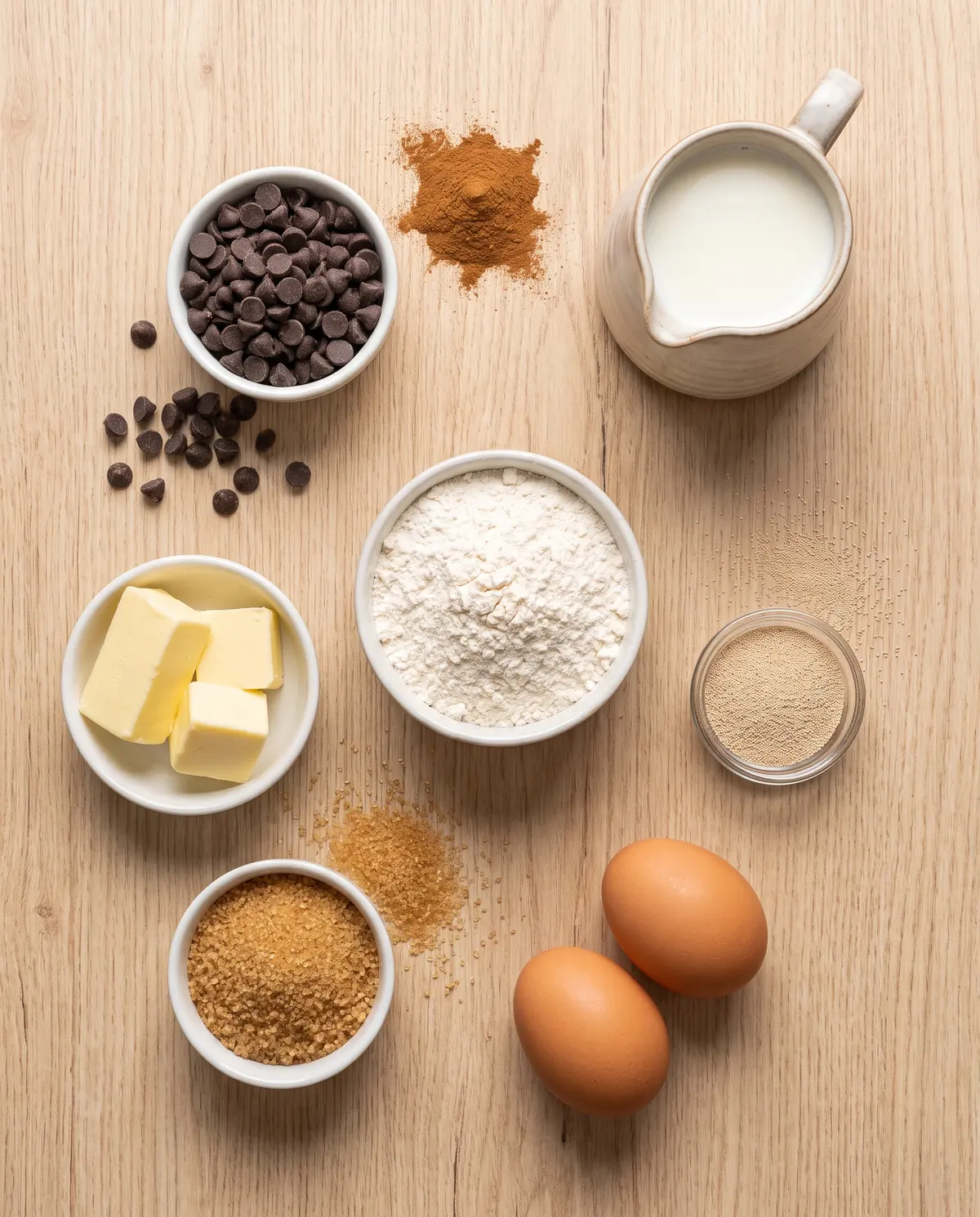 Chocolate cinnamon roll ingredients on wood surface