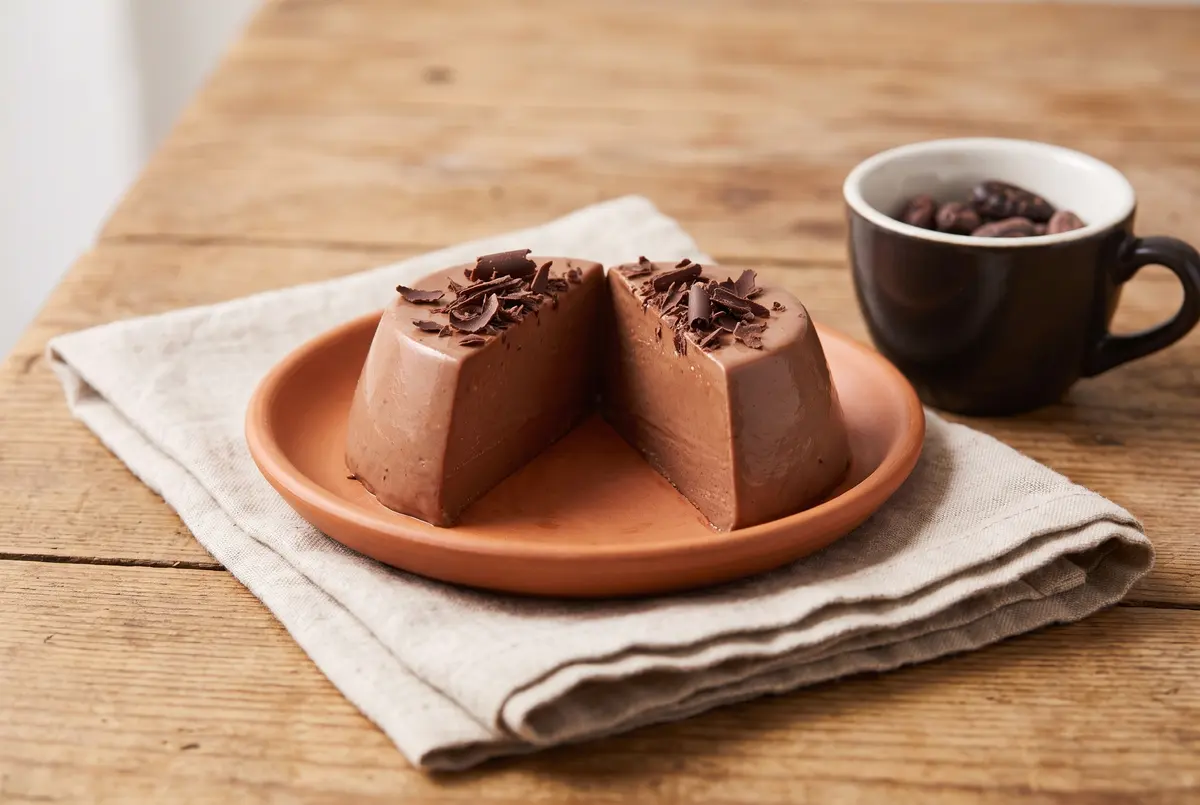 Chocolate coconut panna cotta sliced in half on a terracotta plate