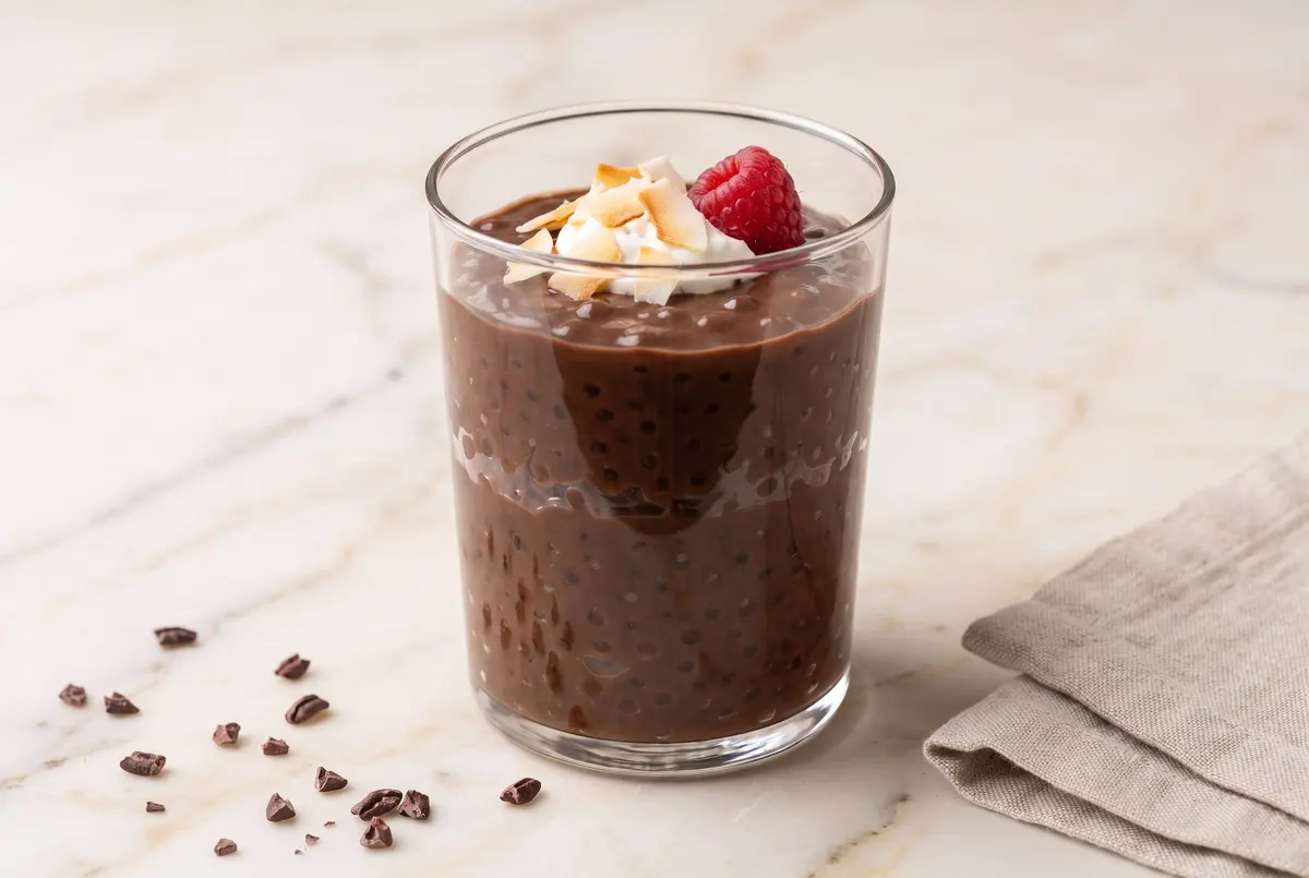 A tall glass tumbler of chocolate coconut tapioca pudding topped with whipped cream, toasted coconut, and a raspberry