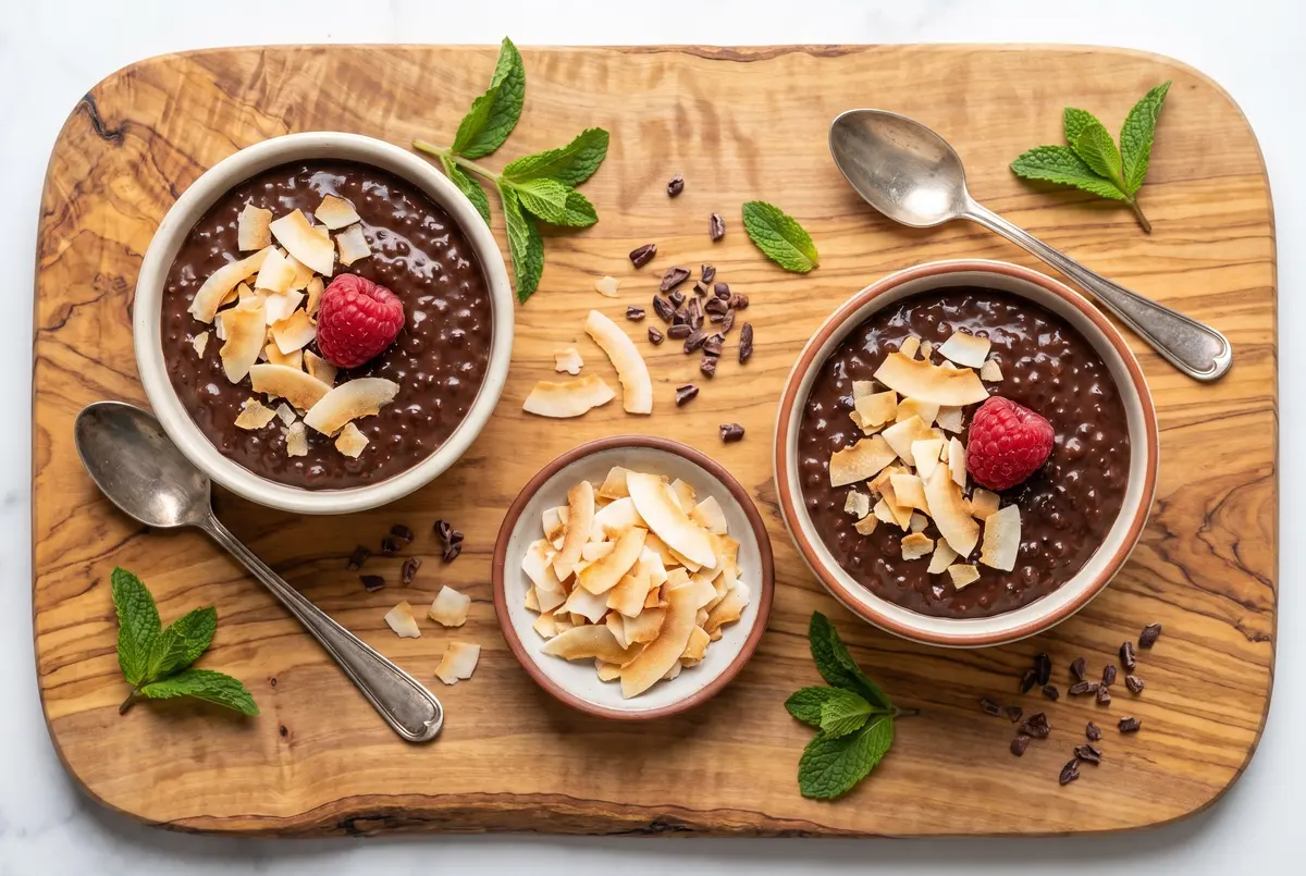 Two bowls of chocolate coconut tapioca pudding on an olive wood board with toasted coconut, raspberries, and mint