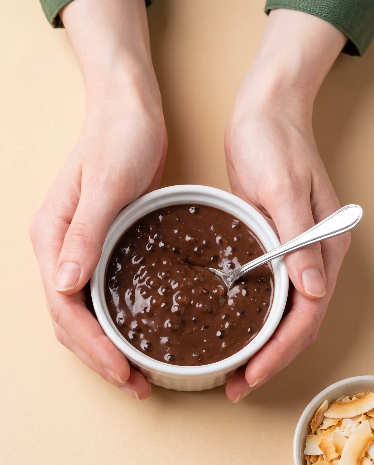 Feminine hands holding a bowl of chocolate coconut tapioca pudding with a silver spoon