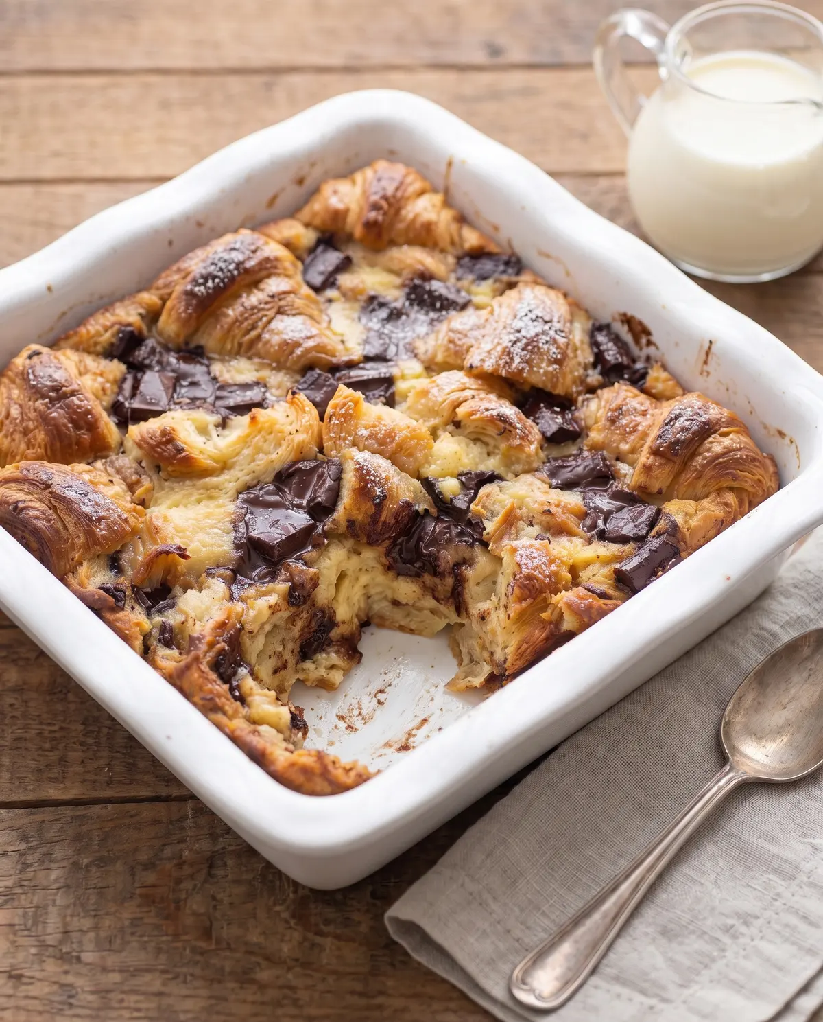 A scooped portion of chocolate croissant bread pudding dusted with powdered sugar