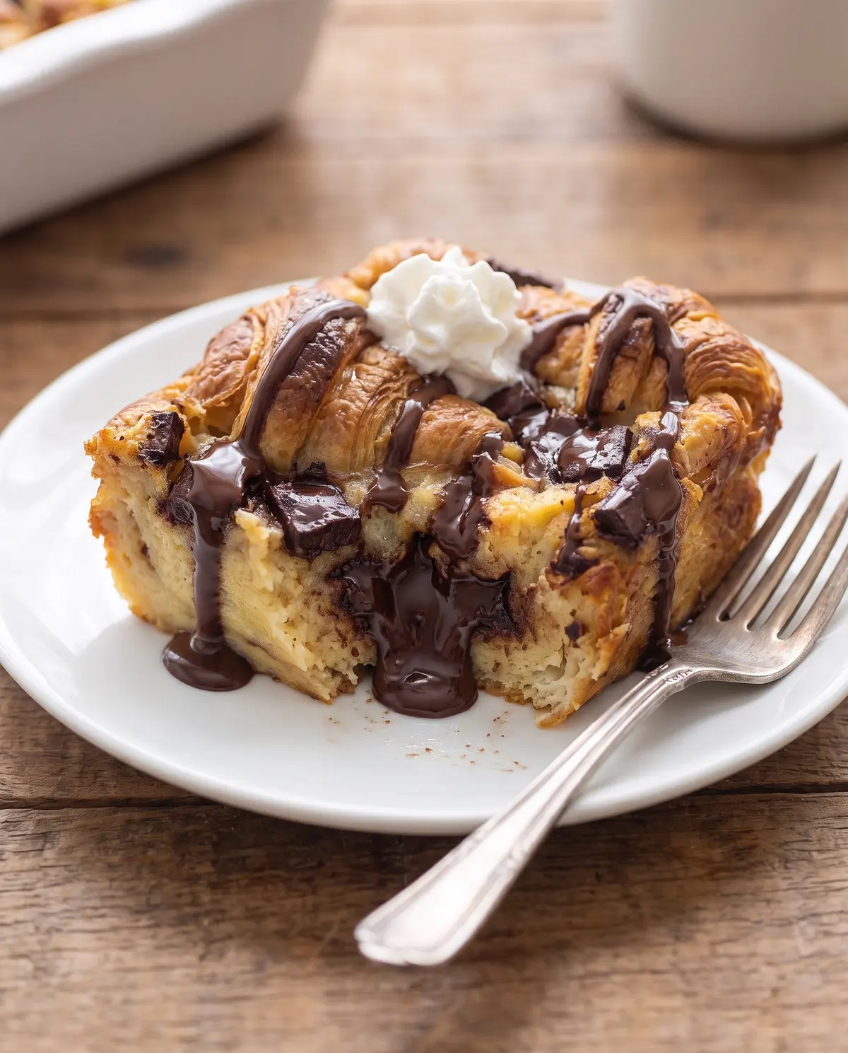 A single serving of chocolate croissant bread pudding with whipped cream