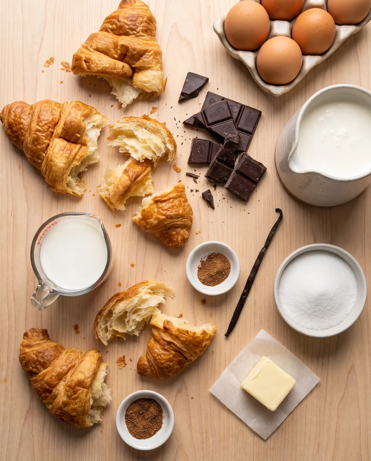 Ingredients for chocolate croissant bread pudding laid out on a wooden table