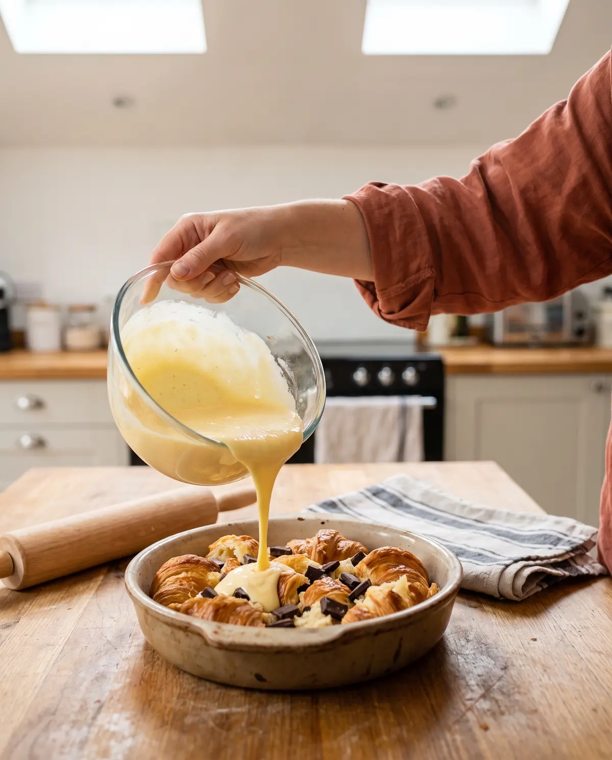 A woman's hand pouring custard over croissant pieces and chocolate