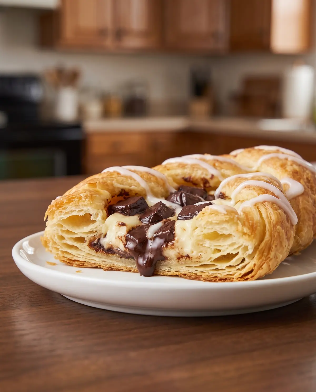 Side view of a chocolate danish showing flaky layered puff pastry strips and melted dark chocolate