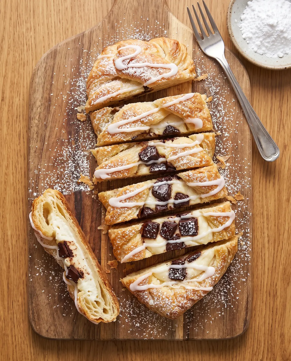Top down view of a sliced chocolate danish on a wooden cutting board showing cream cheese and dark chocolate layers